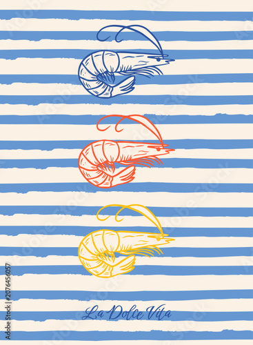 Nautical themed poster featuring shrimp on a striped background in 