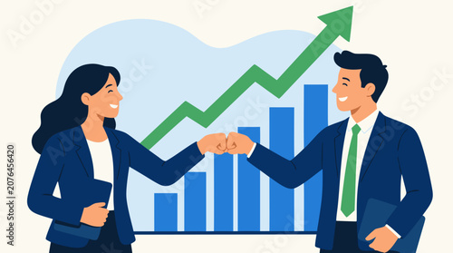 Two colleagues fist bump over a successfully closed deal with rising profit graphs in the background in this dynamic flat vector illustration on a light background, ideal for business success and part