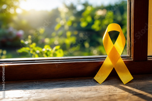 Laço amarelo no peitoril da janela com luz do amanhecer, simbolizando esperança, novo começo e saúde mental.