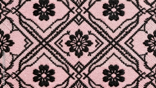 Vintage Black Floral Geometric Needlework on Pink Linen Fabric, Traditional Symmetric Trellis Embroidery Pattern Texture Background