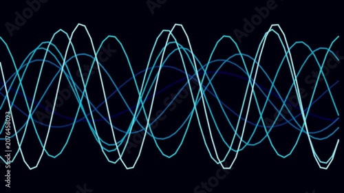 Intertwined Waves: Abstract visualization of overlapping blue and white sine waves, representing data flow, sound waves, or signal transmission against a dark backdrop.