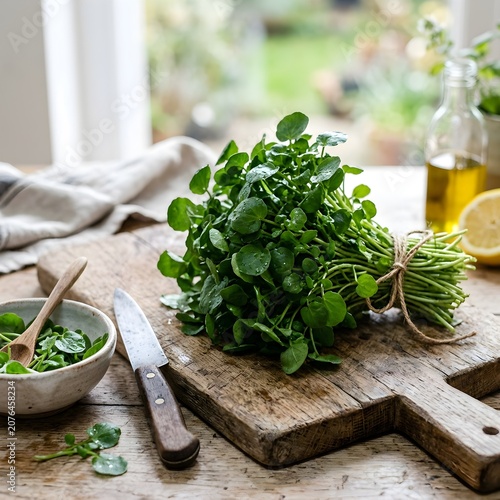 Fresh watercress bunch on wooden cutting board with herbs and kitchen utensils in natural light