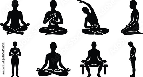 Obraz na plátně Meditation and mindfulness silhouette set showing yoga and relaxation poses for