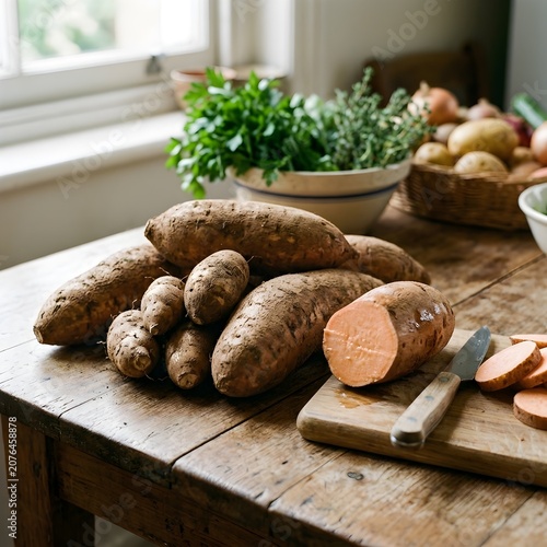 Fresh raw yams arranged on wooden table with garden vegetables and herbs in natural light