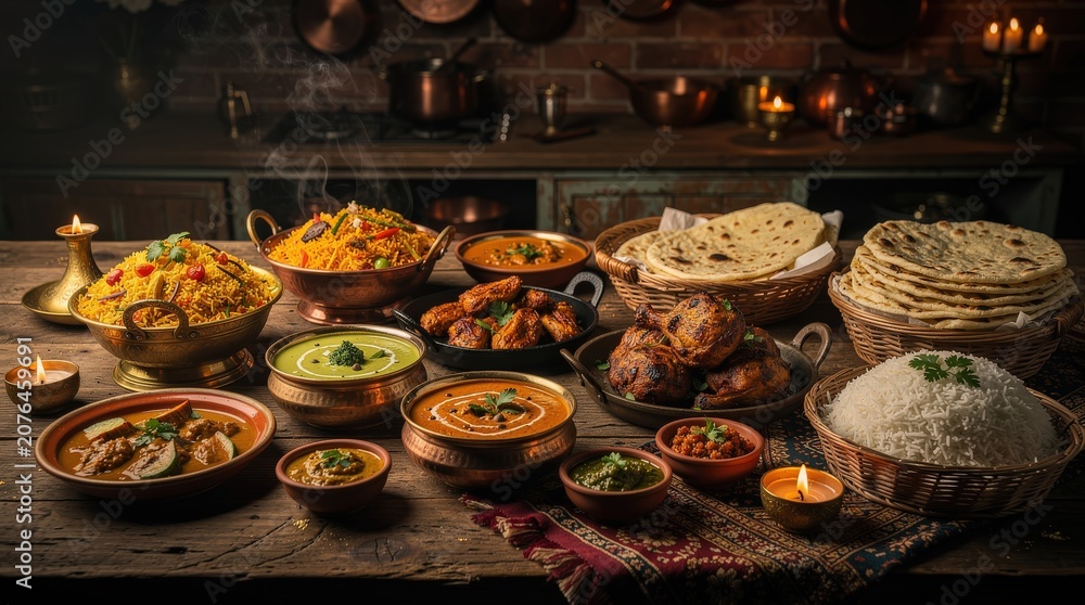 Fototapeta premium A vibrant spread of traditional dishes on a rustic table, featuring rice, curries, bread, and garnishes, creating an inviting culinary atmosphere.
