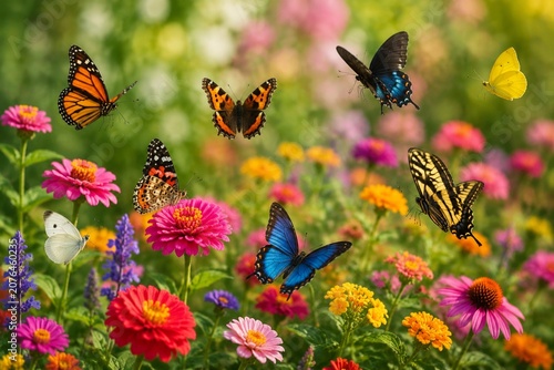 Butterflies fluttering among bright summer flowers in a garden.