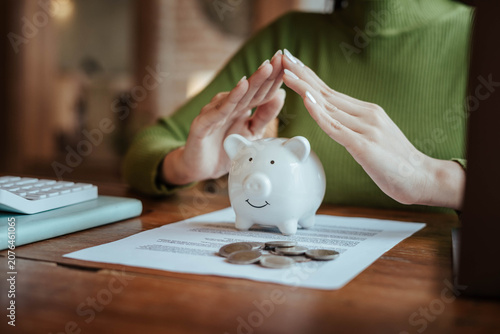 Protecting Savings with Piggy Bank and Hands in Financial Security Concept