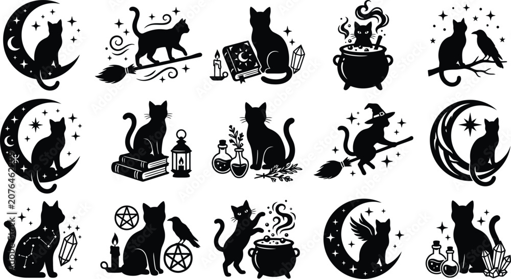 Obraz premium Black silhouette witchy cat collection with mystical elements and celestial motifs