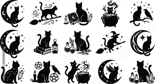Canvas-taulu Black silhouette witchy cat collection with mystical elements and celestial moti