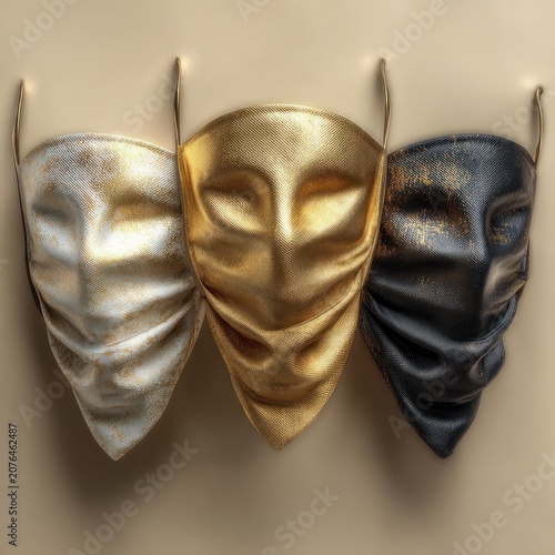 Elegant Metallic Masks - Gold, Silver, and Black Venetian Designs.