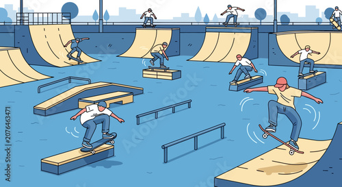 Skatepark scene with diverse skaters performing tricks on ramps and rails, urban outdoor activity.