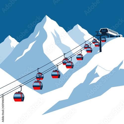 Ski Resort Cable Car, Gondola Lift, Snowy Mountains, Winter Landscape