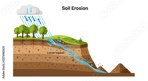 Tableau sur toile Soil Erosion Illustration: Rain washing away loose topsoil and causing land degr