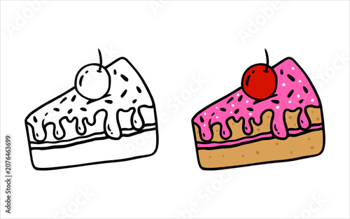 Slice of sweet cake with pink frosting and cherry for coloring book and digital design assets