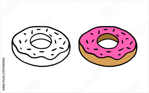 Hand drawn pink glazed donut illustration with a black and white line art version beside it