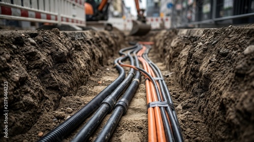 Underground power cables and fiber-optic communication lines laid within a dirt trench, illustrating essential urban utility infrastructure beneath the city surface. 