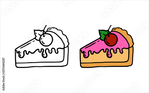 Hand drawn slice of cake with cherry and pink glaze in doodle style for coloring book