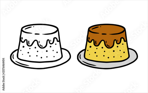 Delicious custard pudding with caramel sauce topping in hand drawn doodle style illustration