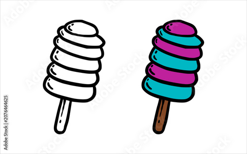 Colorful spiral popsicle and outline version doodle illustration isolated on white
