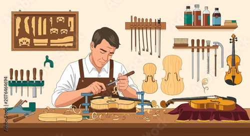 Obraz na płótnie Violin Maker Crafting Instrument in Workshop