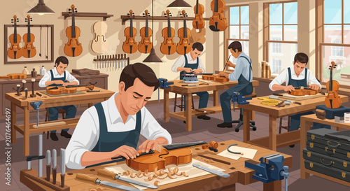Obraz na plátně Violin Makers Workshop: Craftsmen Building String Instruments