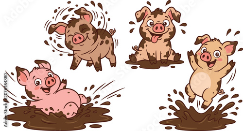 Fotografía Cute Cartoon Pig Character Set Playing and Splashing in Dirty Mud Puddles for Fa