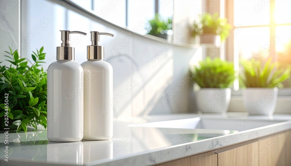 Fototapeta premium White Skincare Bottles on Modern Bathroom Counter with Plants