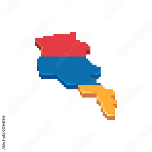 Pixel art map of Armenia filled with the national flag colors. Retro 8-bit country silhouette isolated on a white background, travel, geography, games, education, and design projects.
