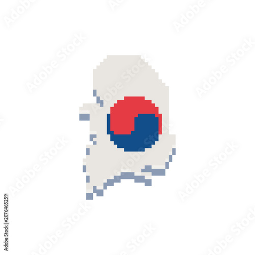Pixel art map of South Korea featuring the national flag. Retro 8-bit country silhouette isolated on a white background, travel, geography, education, games, and creative design projects.