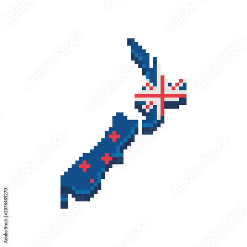Pixel art map of New Zealand featuring the national flag. Retro 8-bit country silhouette isolated on a white background, travel, geography, education, games, and design projects.