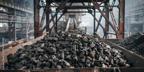 Coal pile and conveyor belt in industrial plant