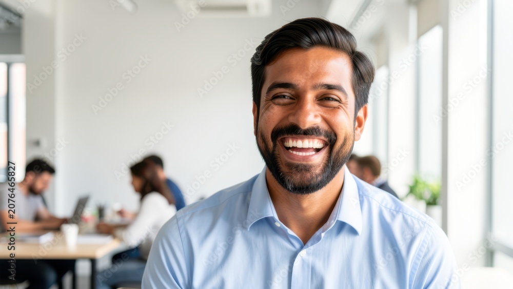 Fototapeta premium joyful diverse businessman laughing in bright modern coworking space suitable for corporate happiness marketing