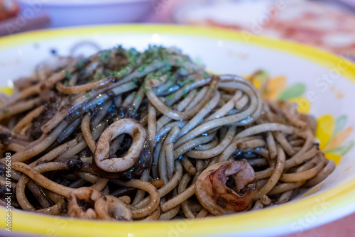 Spaghetti al Nero di Seppia Black Ink Pasta Served on a Plate Close Up