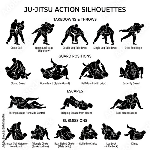 Obraz na plátně Jujitsu action silhouettes with various takedowns and throws isolated on transpa