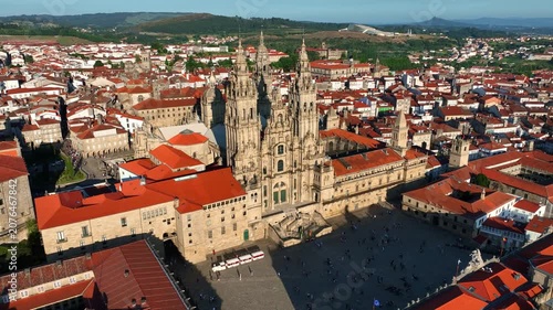 Santiago de Compostela drone shot, flying above Santiago de Compostela medieval town in Spain, Santiago de Compostela cathedral on Camino de Santiago pilgrimage
