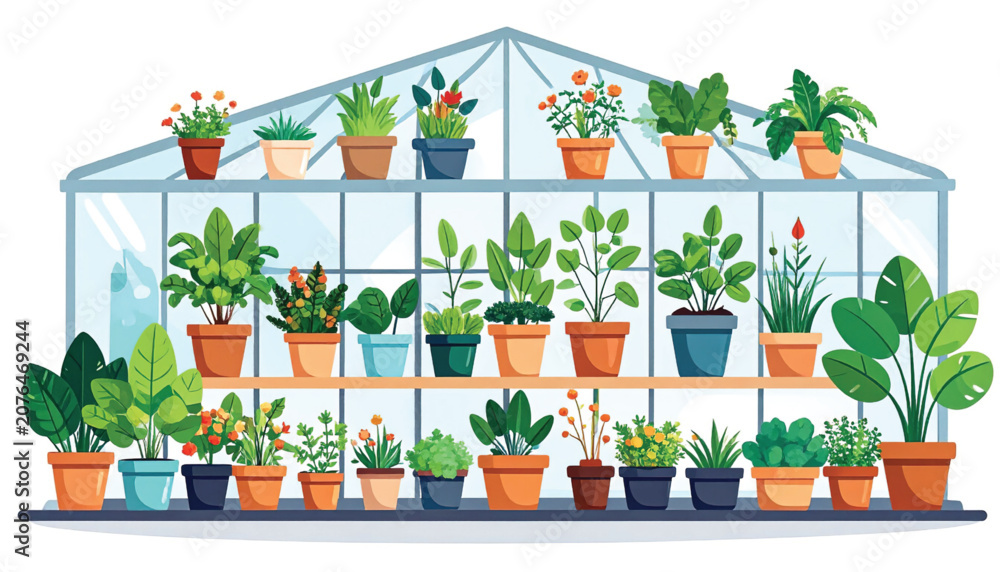 Fototapeta premium Variety of Potted Plants in Greenhouse.