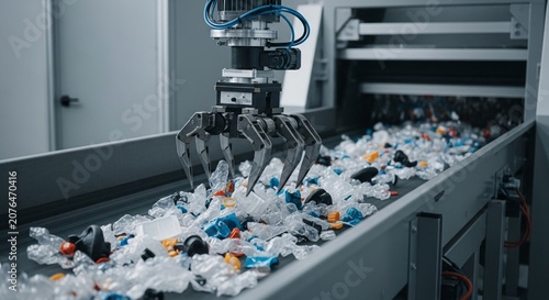 Industrial robotic arm sorting plastic waste on a conveyor belt in a recycling facility.
