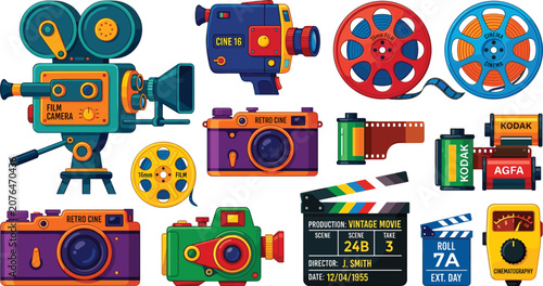 Quadro em tela Vintage Retro Cinema and Movie Making Equipment Set with Film Cameras Reels Clap