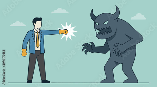Quadro em tela Businessman fighting monster symbolizing business challenges and problem solving