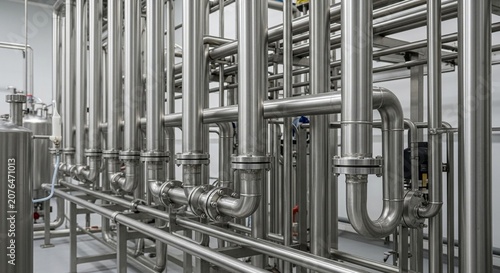 Intricate network of stainless steel pipes and industrial piping systems in a modern manufacturing facility, representing complex fluid transport and production processes.