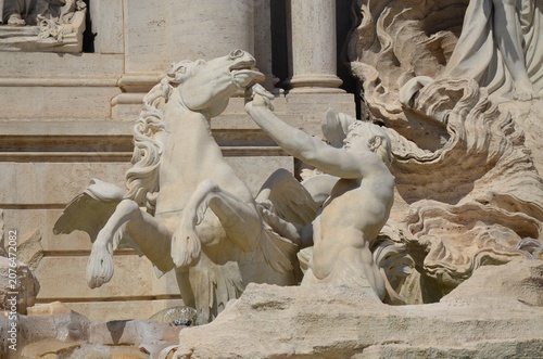 Rome, Italy 09.09.2020: Tritons and horses (Trevi fountain)
