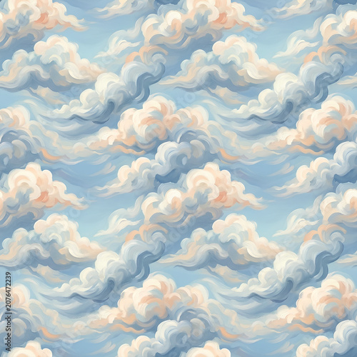 Dreamy Cloudscape Of White Fluffy Clouds Over Blue Sky.