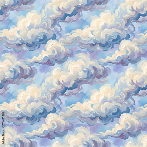Dreamy painterly clouds across a blue sky.
