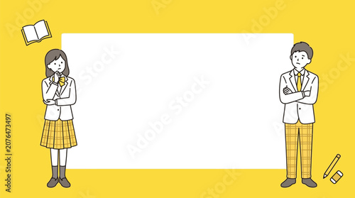Two thoughtful students in school uniforms standing near a blank white rectangular space for text