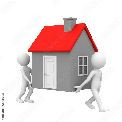 Two people carrying small house illustration for moving concept transparent background