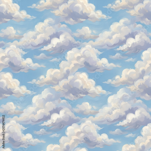 Fluffy white clouds floating across the blue sky.