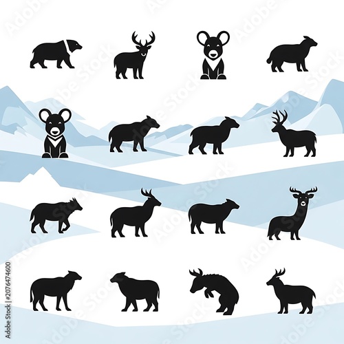Black silhouettes of various animals in a row.