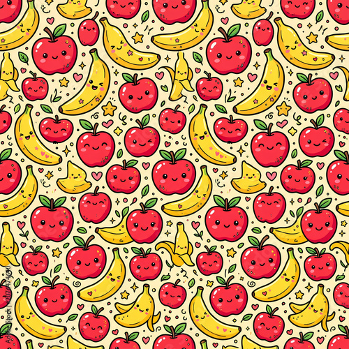 Fruit Pattern of Red Apples and Yellow Bananas on White Background.