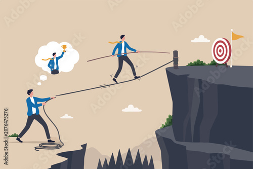 Challenge yourself, adversity or motivate self overcome difficulty, practice or self development to be success concept, man pull the rope and let himself acrobat walk to achieve target