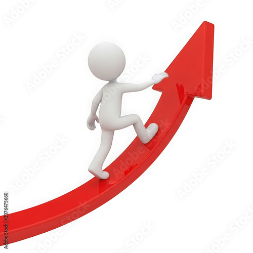 White figure climbing upward along red upward trending arrow graphic transparent background